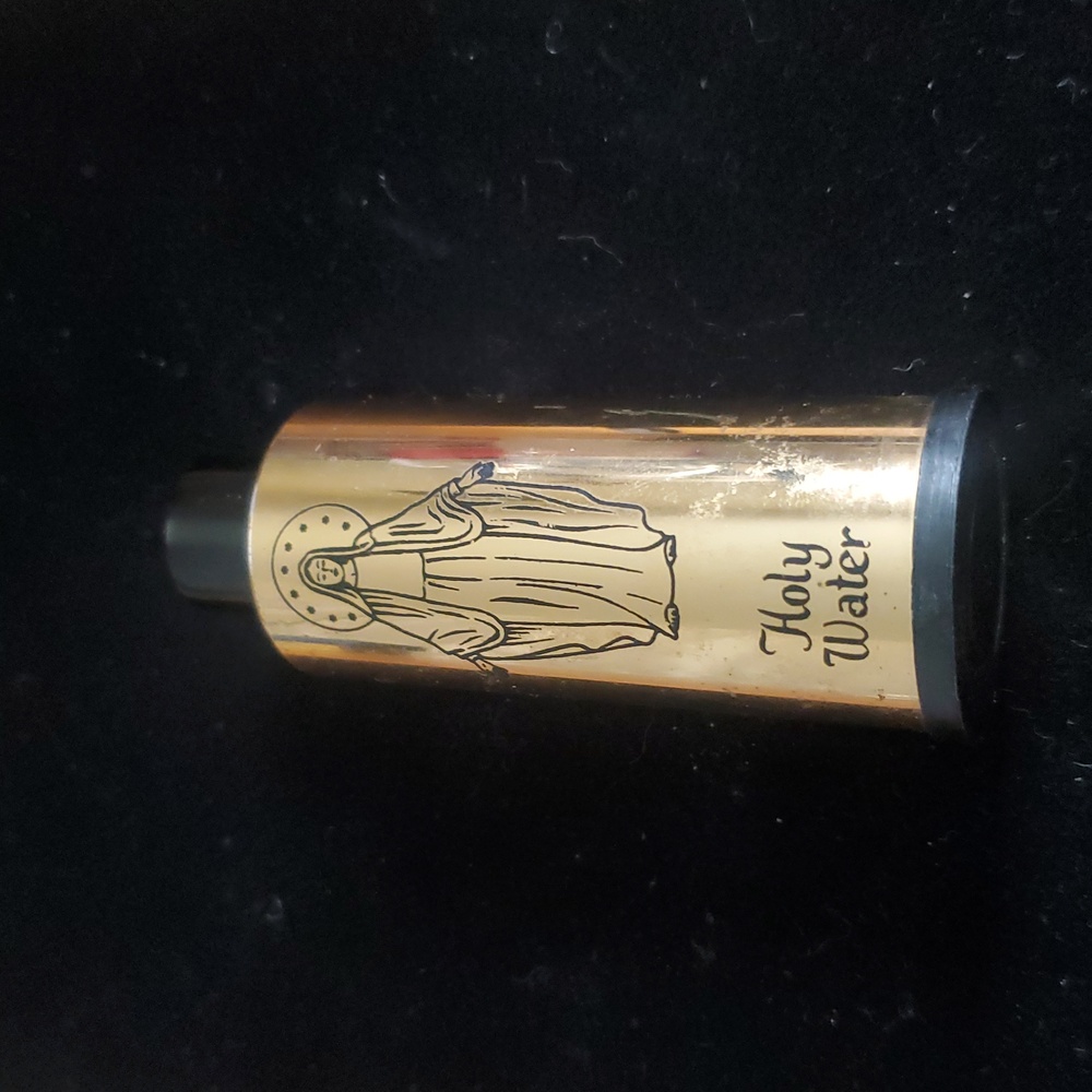Vintage Glass Religious Holy Water Travel Flask Gold Bottle W/Mary 4" W/Cover